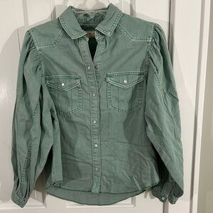 Free People With Love Snap Up Denim Chambray Shirt Sage Green XS Puff Sleeve
